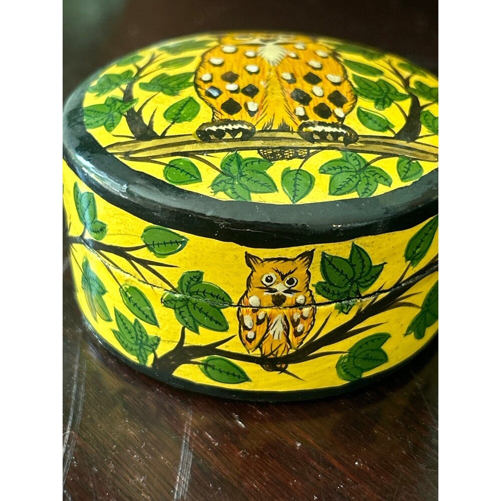 Vintage Hand-Painted Owl Trinket Box – India Folk Art, Boho Jewelry Holder - Picture 2 of 4